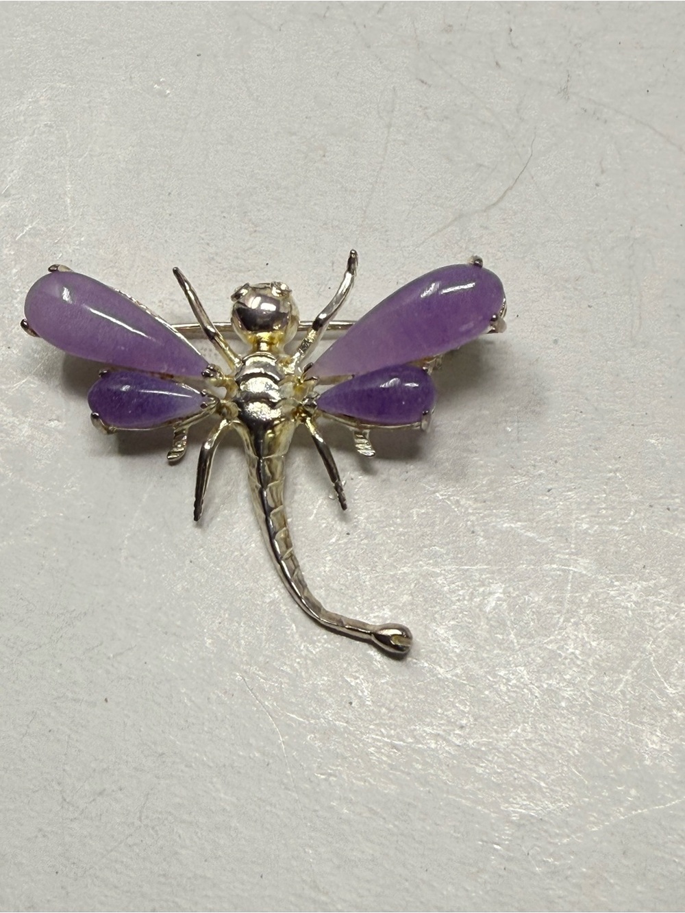Purple jade Dragonfly Brooch pin with sterling Body